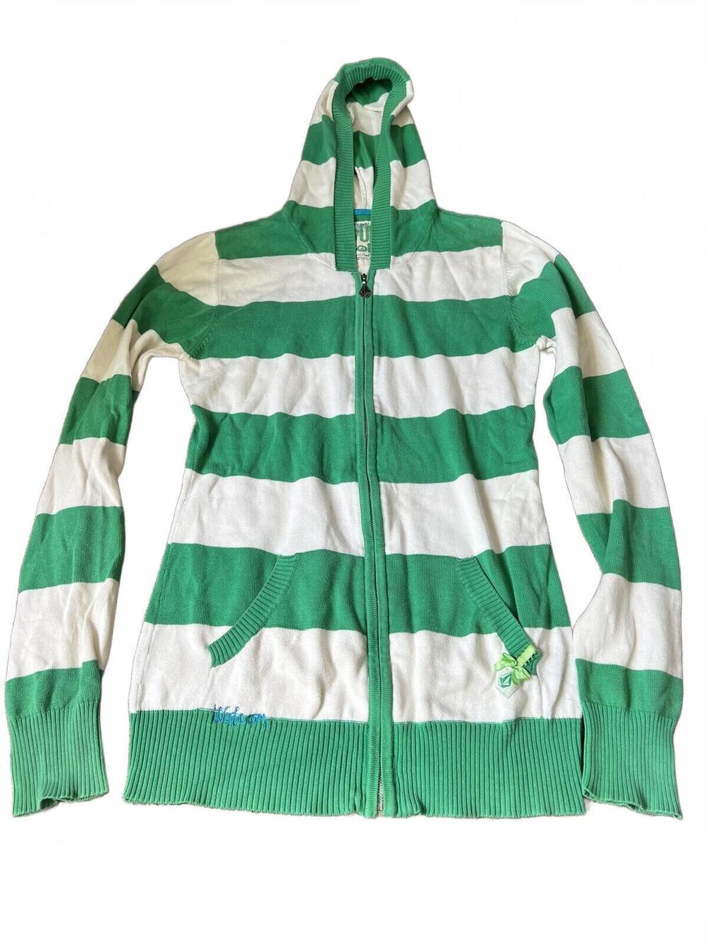 Volcom Green and White Striped Zip-Up Hoodie Sweatshirt size M